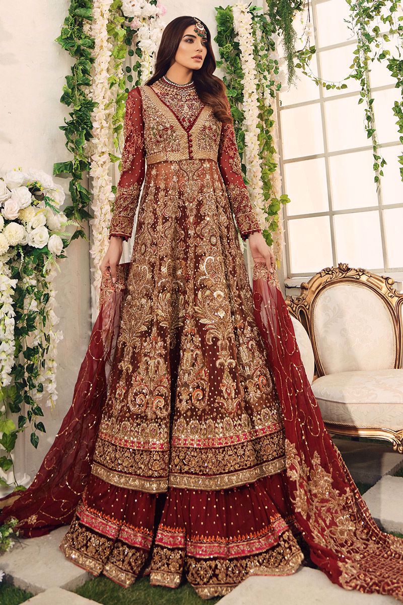 Pakistani Rust Zardozi Net Gown with Maroon Jamawar Lehenga (3-Piece) - Image 1
