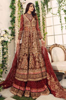 Pakistani Rust Zardozi Net Gown with Maroon Jamawar Lehenga (3-Piece) - Image 2