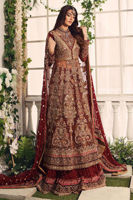 Pakistani Rust Zardozi Net Gown with Maroon Jamawar Lehenga (3-Piece) - Image 3