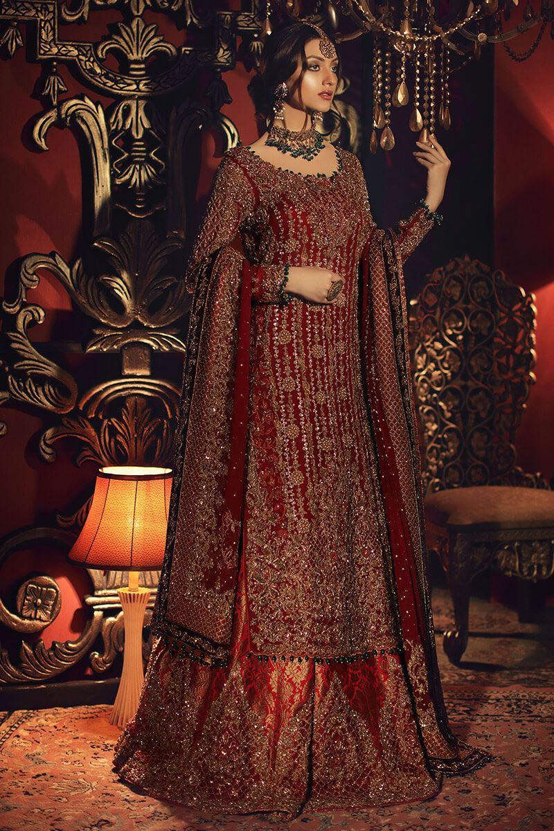 Deep Red Cutwork Chiffon Long Shirt with Jamawar Lehenga (3-Piece) - Image 1