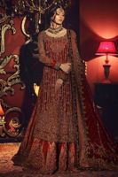 Deep Red Cutwork Chiffon Long Shirt with Jamawar Lehenga (3-Piece) - Image 3