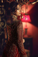 Deep Red Cutwork Chiffon Long Shirt with Jamawar Lehenga (3-Piece) - Image 4