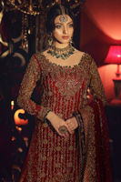 Deep Red Cutwork Chiffon Long Shirt with Jamawar Lehenga (3-Piece) - Image 5