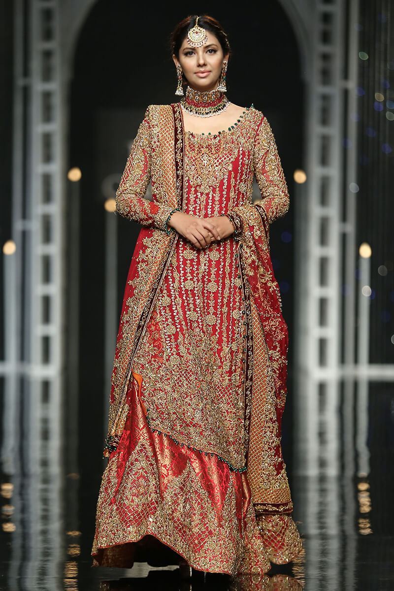 Deep Red Cutwork Chiffon Long Shirt with Jamawar Lehenga (3-Piece) - Image 1