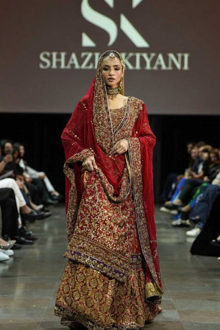 Pakistani Deep Red Zardozi Jamawar Bridal Lehenga (3-Piece) - Image 3
