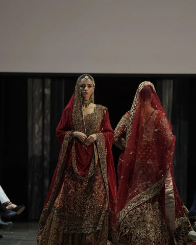 Pakistani Deep Red Zardozi Jamawar Bridal Lehenga (3-Piece) - Image 6