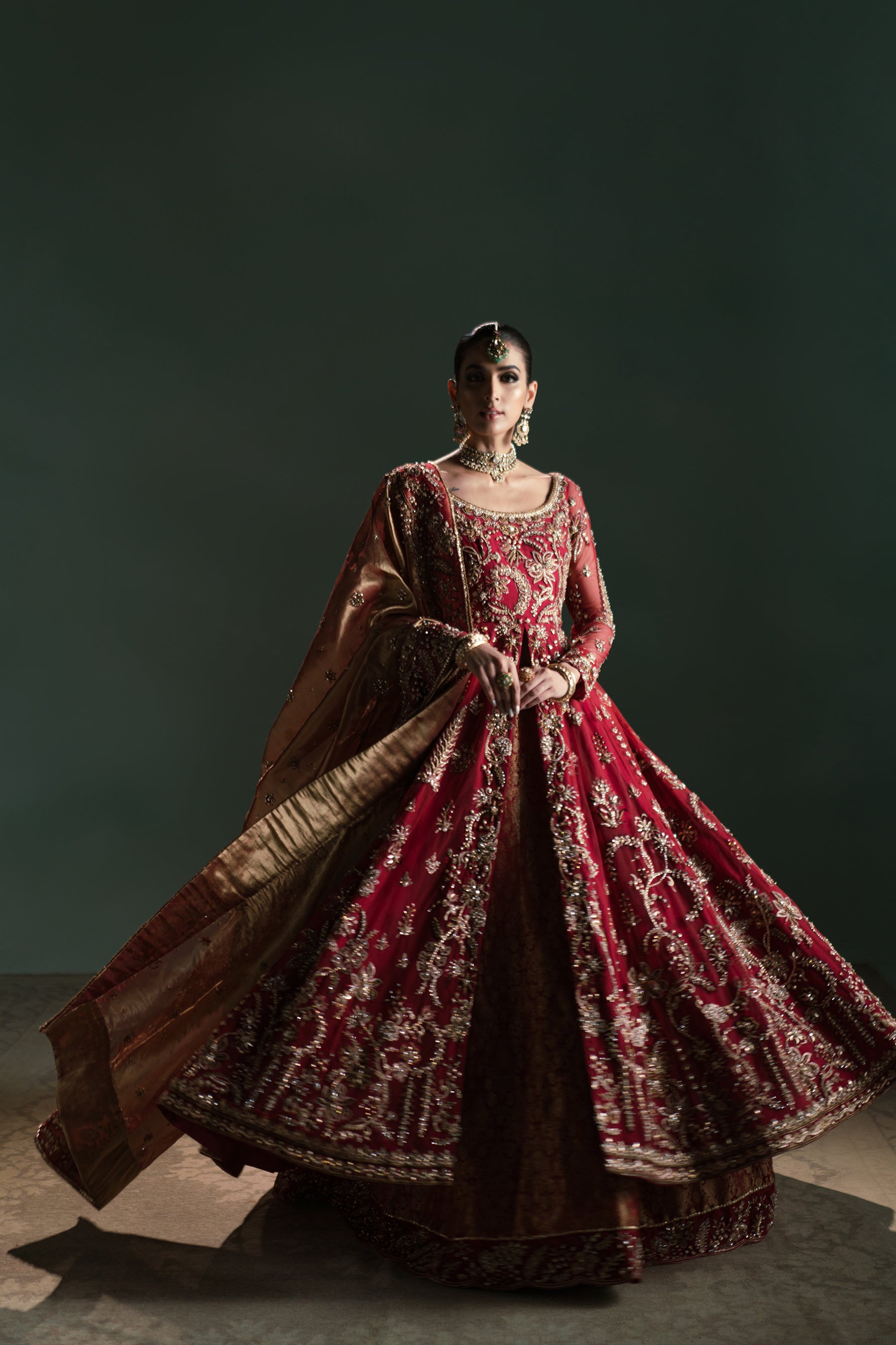 Pakistani Vermillion Red Zardozi Jamawar Bridal Peshwas (3-Piece) - Image 3