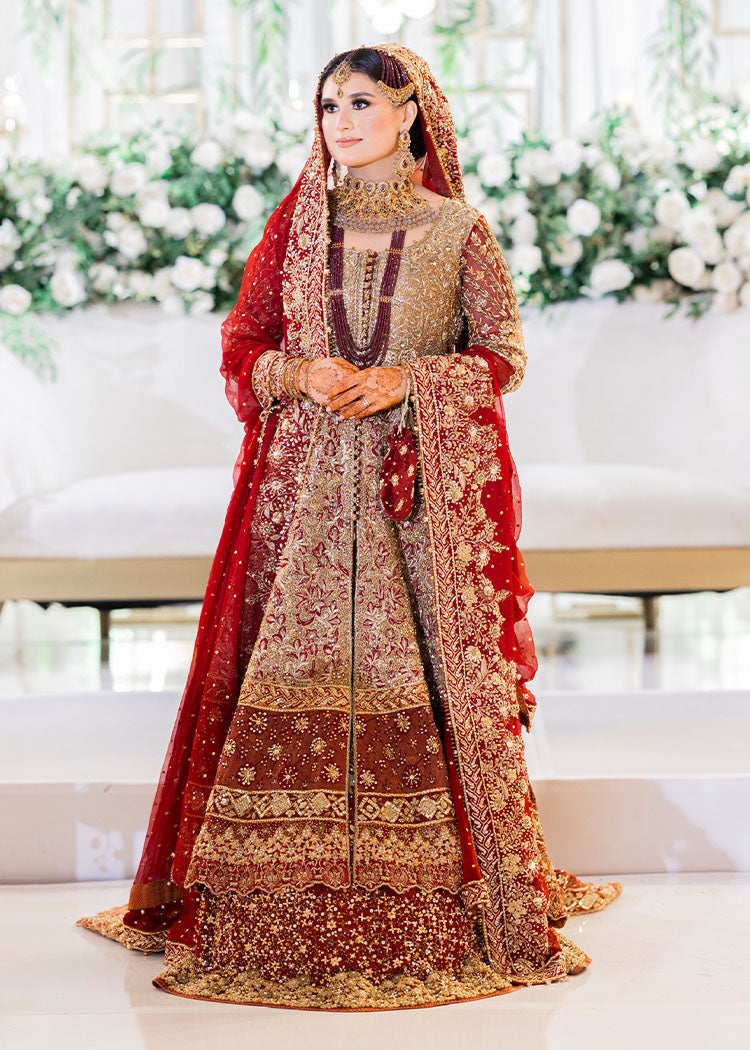 Pakistani Deep Red Gold Embroidered Tissue Jamawar Bridal Lehenga (3-Piece) - Image 1