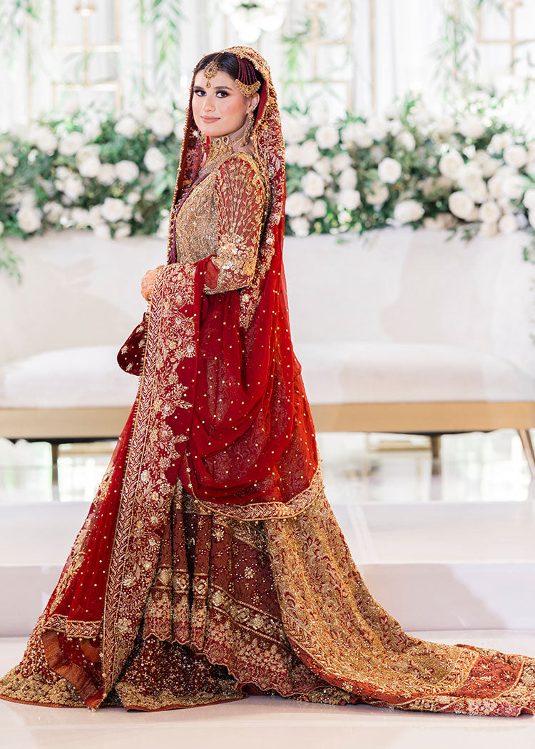 Pakistani Deep Red Gold Embroidered Tissue Jamawar Bridal Lehenga (3-Piece) - Image 3