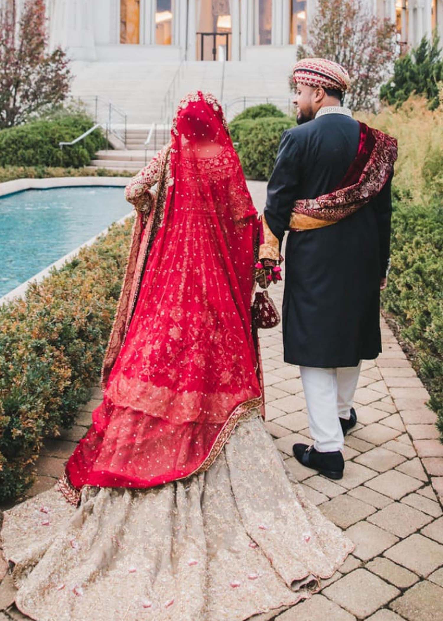 Pakistani Crimson Red Zardozi Net Bridal Lehenga (3-Piece) - Image 2