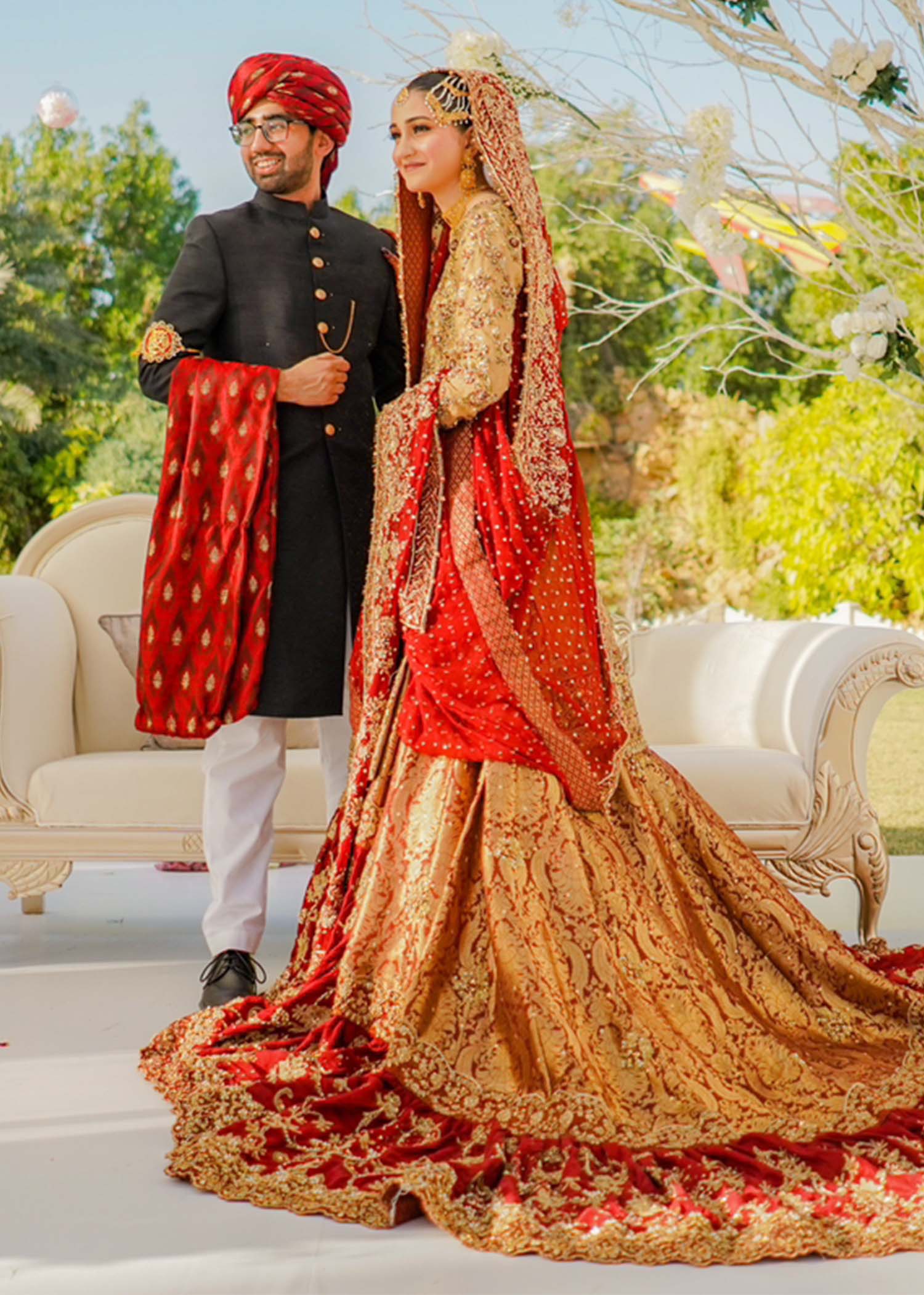 Red and Gold Embroidered Jamawar Bridal Lehenga (3-Piece) - Image 1