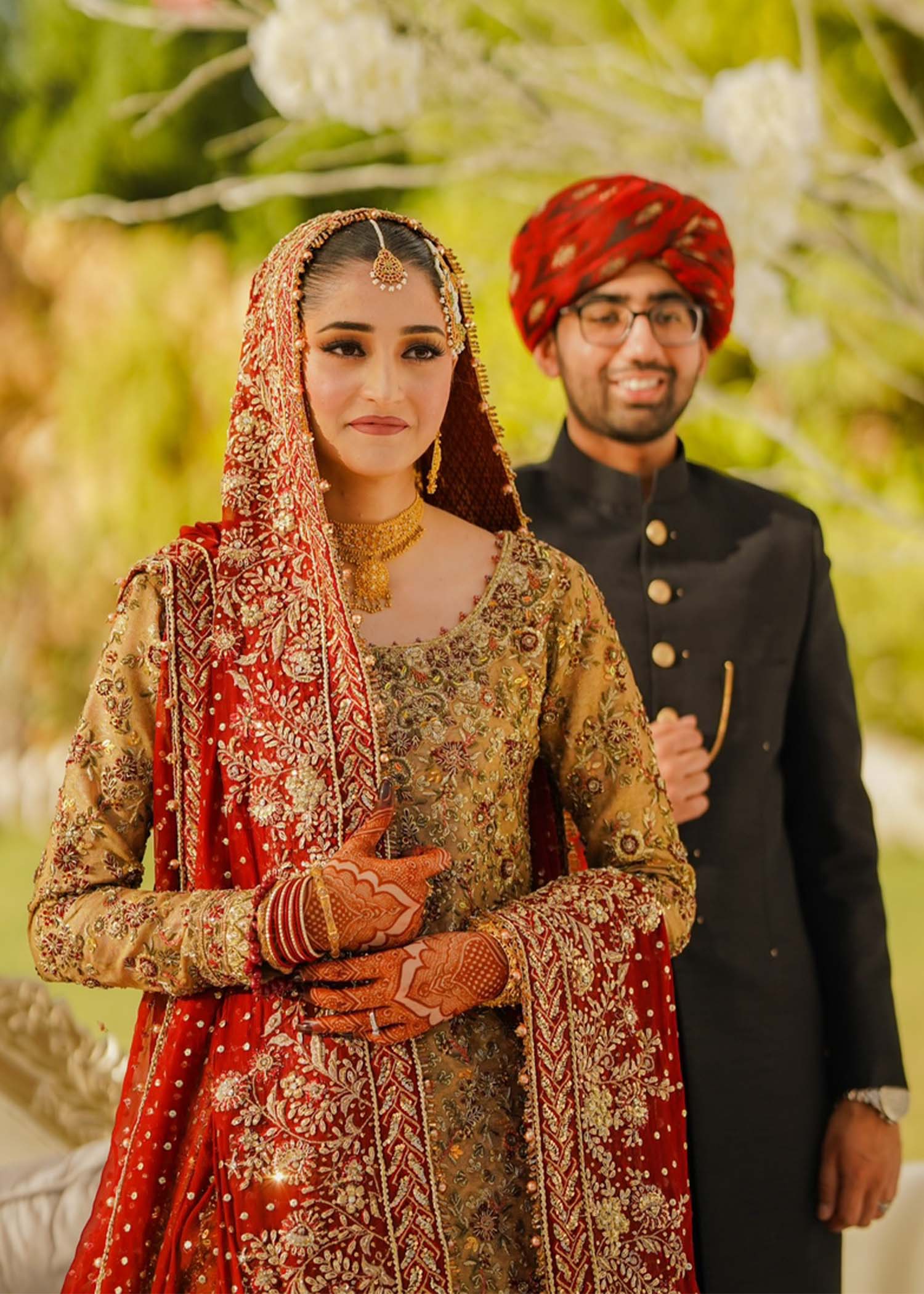 Red and Gold Embroidered Jamawar Bridal Lehenga (3-Piece) - Image 2