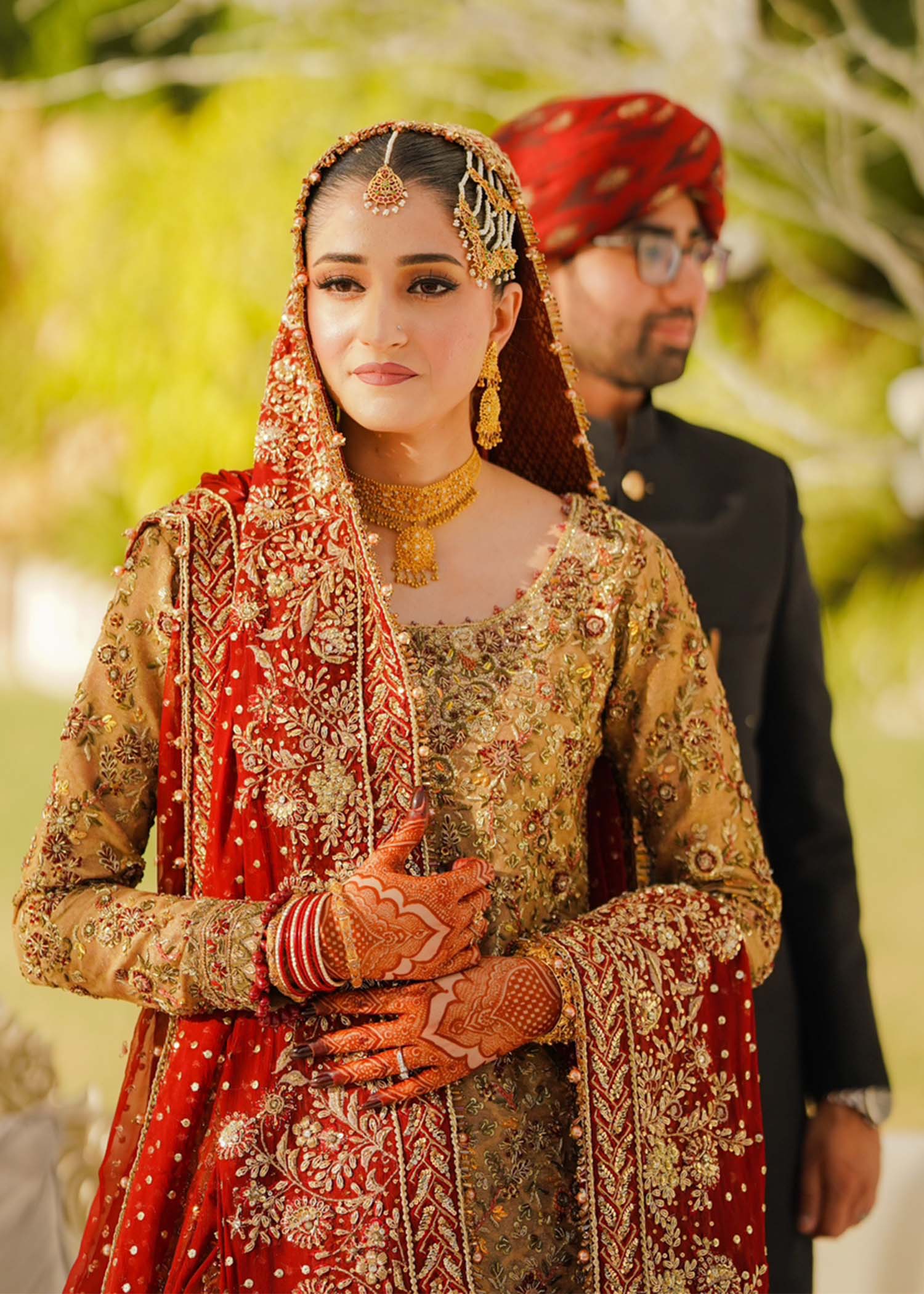 Red and Gold Embroidered Jamawar Bridal Lehenga (3-Piece) - Image 3