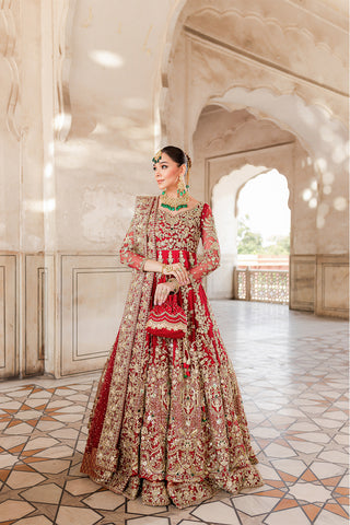 Red Zardozi Net & Jamawar Bridal Lehenga (3-Piece) - Image 2