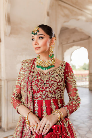 Red Zardozi Net & Jamawar Bridal Lehenga (3-Piece) - Image 3