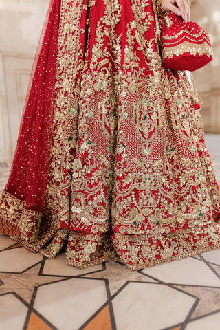 Red Zardozi Net & Jamawar Bridal Lehenga (3-Piece) - Image 4