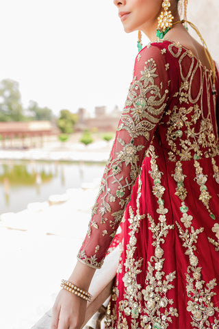 Red Zardozi Net & Jamawar Bridal Lehenga (3-Piece) - Image 5
