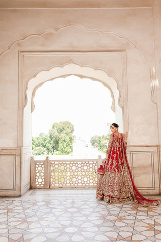 Red Zardozi Net & Jamawar Bridal Lehenga (3-Piece) - Image 6