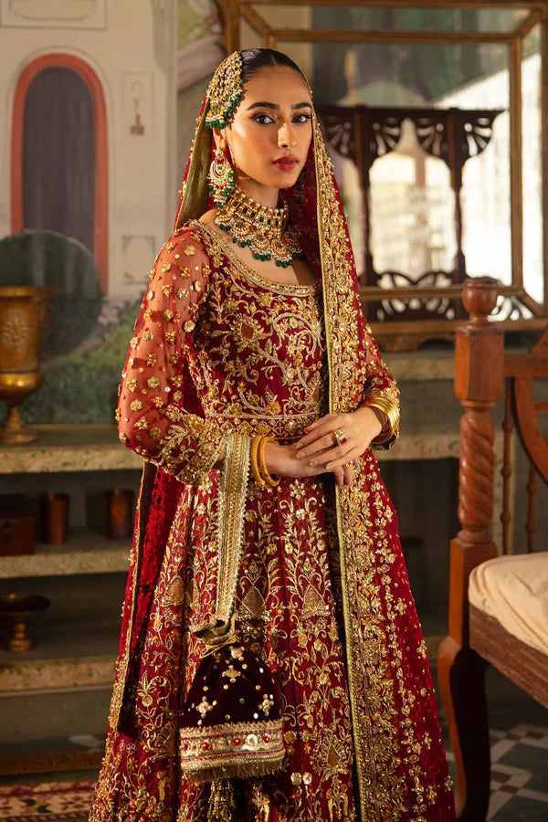Deep Red Zardozi Net & Jamawar Bridal Lehenga (3-Piece) - Image 2