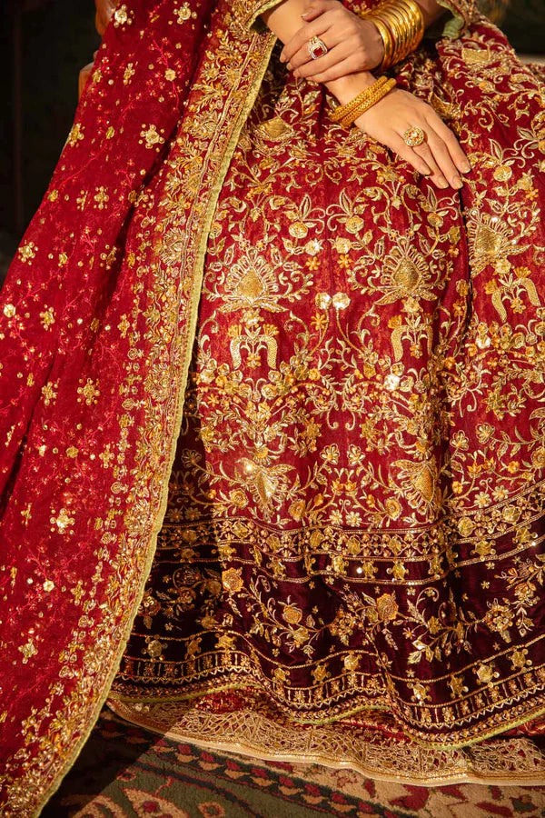 Deep Red Zardozi Net & Jamawar Bridal Lehenga (3-Piece) - Image 3