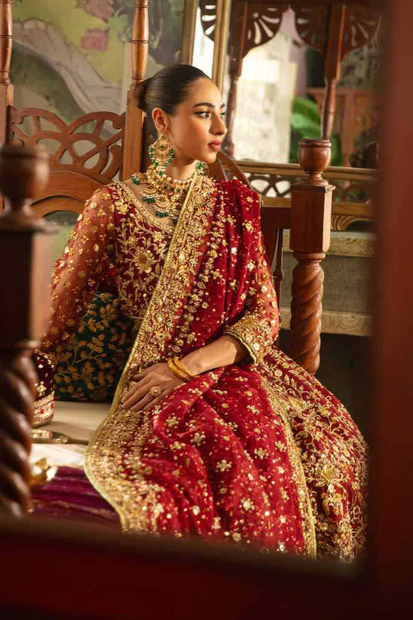Deep Red Zardozi Net & Jamawar Bridal Lehenga (3-Piece) - Image 4