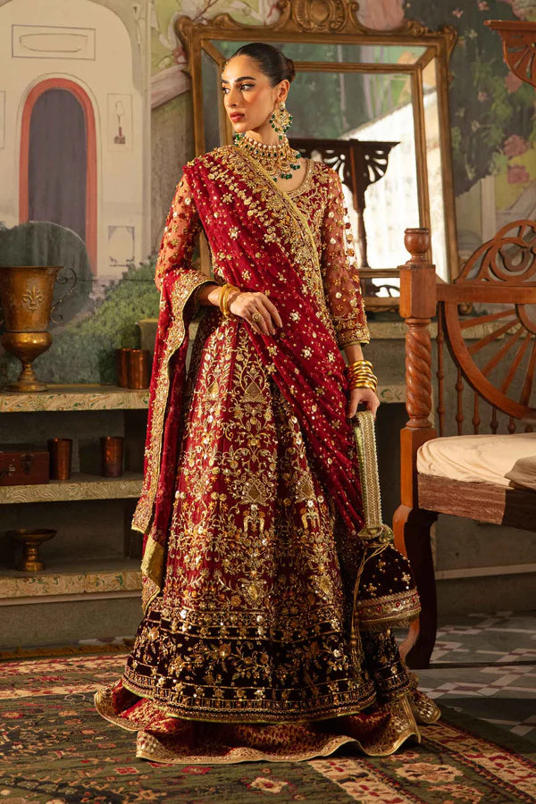 Deep Red Zardozi Net & Jamawar Bridal Lehenga (3-Piece) - Image 6
