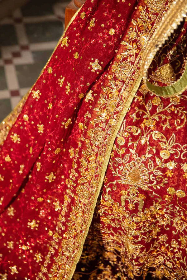 Deep Red Zardozi Net & Jamawar Bridal Lehenga (3-Piece) - Image 7