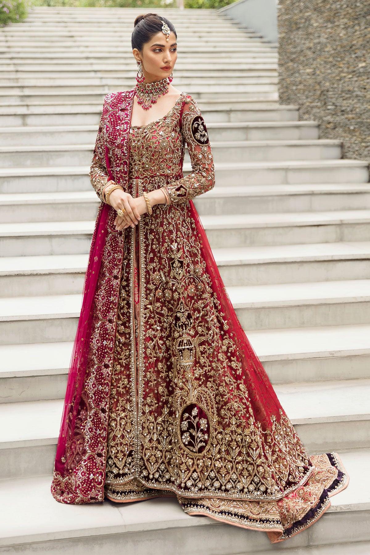 Pakistani Red Hand-Embroidered Net & Jamawar Bridal Lehnga (3-Piece) - Image 1