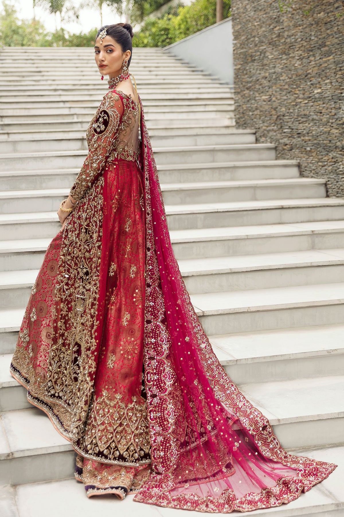 Pakistani Red Hand-Embroidered Net & Jamawar Bridal Lehnga (3-Piece) - Image 3