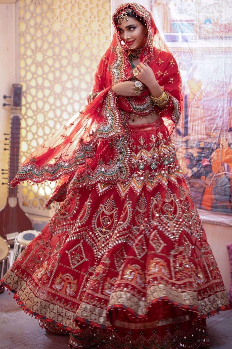 Pakistani Ruby Red Embroidered Organza Jamawar Lehenga (3-Piece) - Image 1