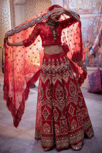 Pakistani Ruby Red Embroidered Organza Jamawar Lehenga (3-Piece) - Image 3