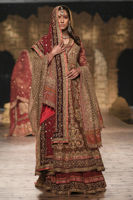 Rust Zardozi Net Gown with Maroon Jamawar Lehenga (3-Piece) - Image 2