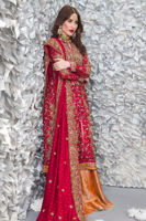 Pakistani Deep Red Zardozi Cotton-Net Bridal Lehenga (3-Piece) - Image 2