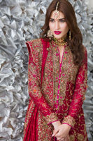 Pakistani Deep Red Zardozi Cotton-Net Bridal Lehenga (3-Piece) - Image 3