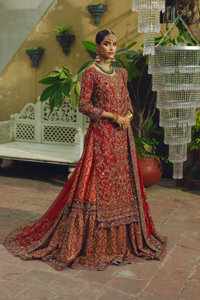 Pakistani Rouge Red Zardozi Jamawar Farshi Lehenga (3-Piece) - Image 1