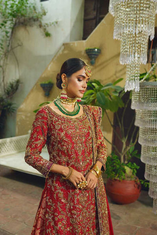 Pakistani Rouge Red Zardozi Jamawar Farshi Lehenga (3-Piece) - Image 3