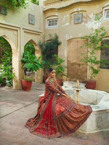 Pakistani Rouge Red Zardozi Jamawar Farshi Lehenga (3-Piece) - Image 5
