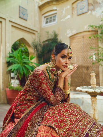 Pakistani Rouge Red Zardozi Jamawar Farshi Lehenga (3-Piece) - Image 6
