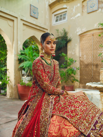 Pakistani Rouge Red Zardozi Jamawar Farshi Lehenga (3-Piece) - Image 7