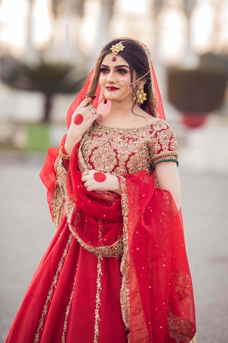 Red Embroidered Jamawar Choli with Raw Silk Lehenga (3-Piece) - Image 5