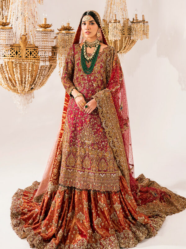Deep Red Zardozi Kamkhwaab Farshi Lehenga (3-Piece) - Image 1