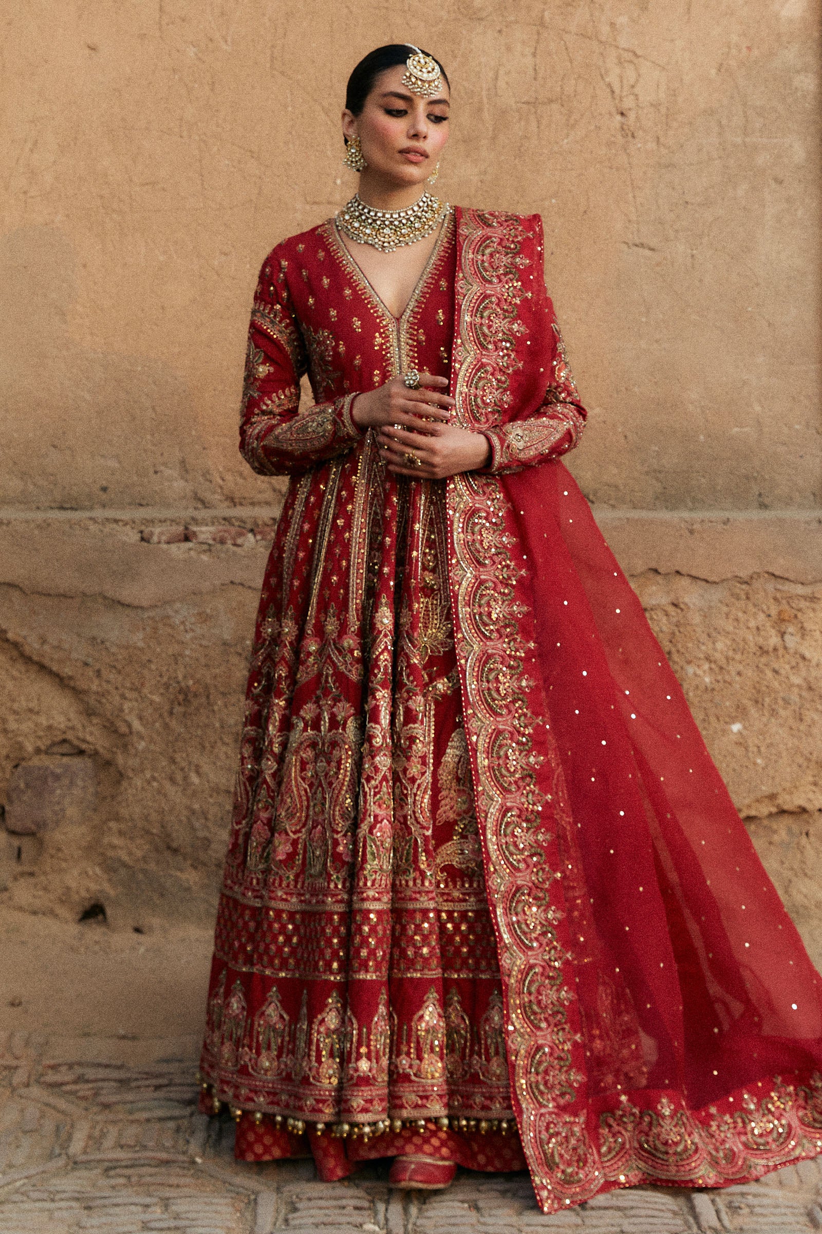 Deep Red Zardozi Korean Silk Anarkali Lehenga (3-Piece) - Image 1