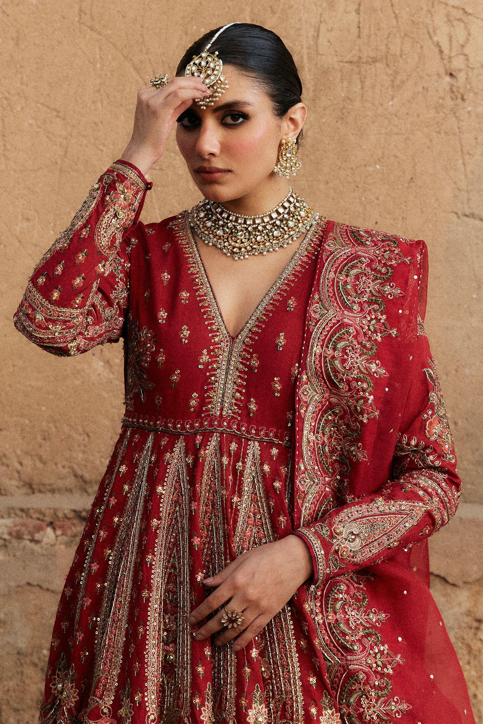 Deep Red Zardozi Korean Silk Anarkali Lehenga (3-Piece) - Image 2