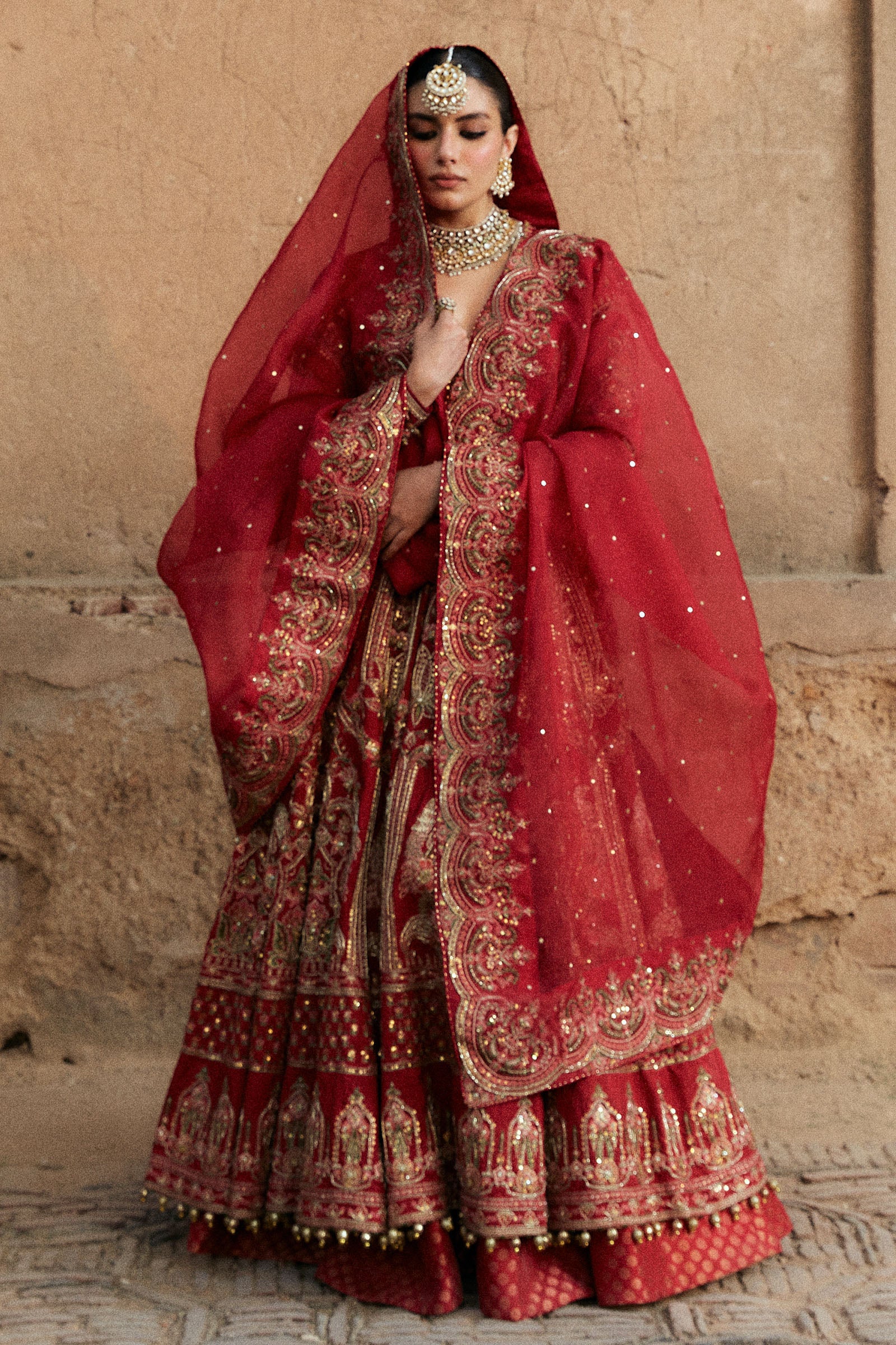 Deep Red Zardozi Korean Silk Anarkali Lehenga (3-Piece) - Image 3