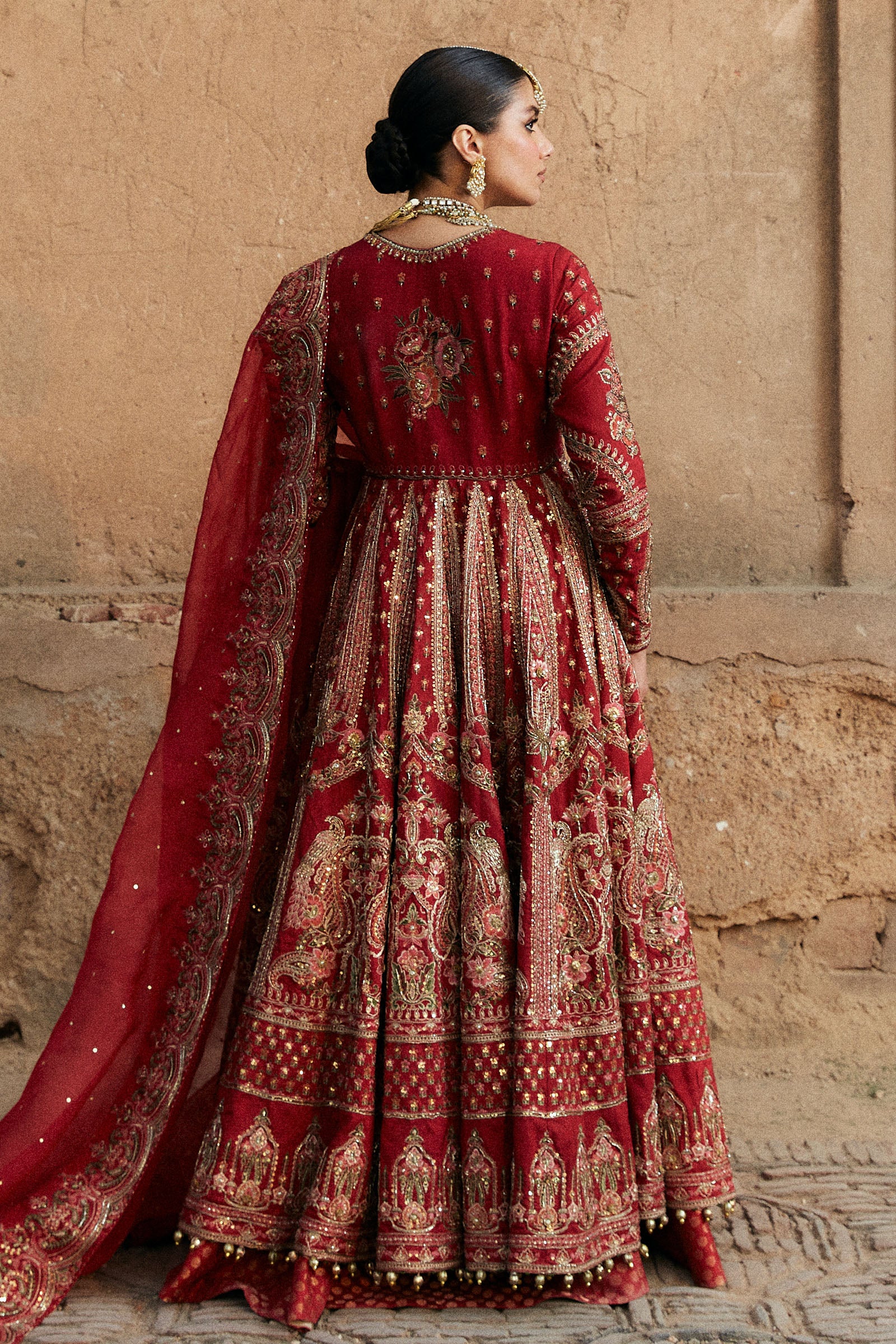 Deep Red Zardozi Korean Silk Anarkali Lehenga (3-Piece) - Image 4