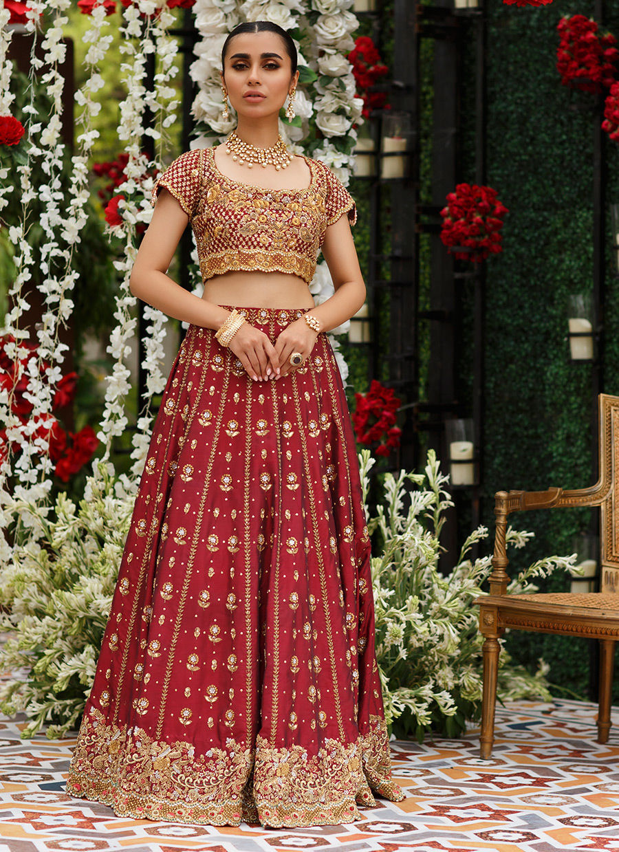 Deep Red Embroidered Katan Silk Lehenga Choli (2-Piece) - Image 1