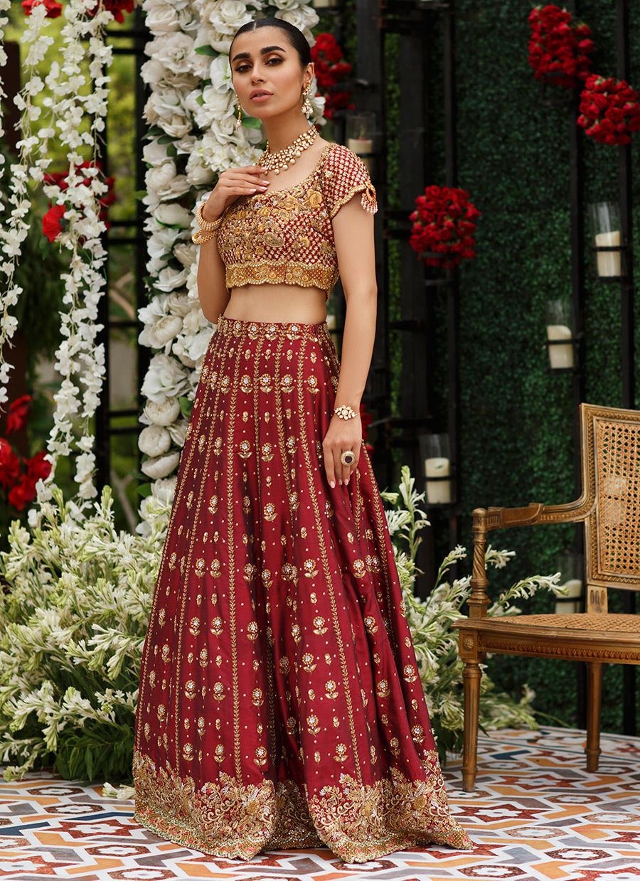 Deep Red Embroidered Katan Silk Lehenga Choli (2-Piece) - Image 2