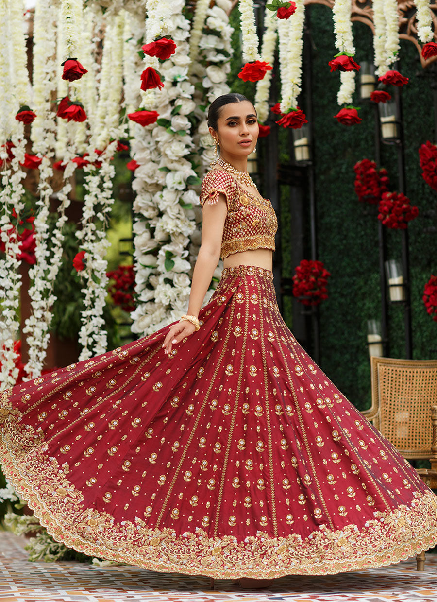 Deep Red Embroidered Katan Silk Lehenga Choli (2-Piece) - Image 3
