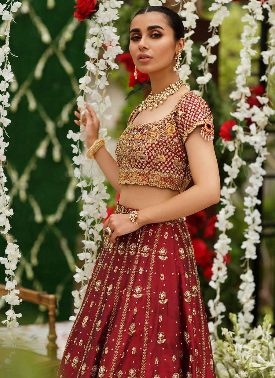 Deep Red Embroidered Katan Silk Lehenga Choli (2-Piece) - Image 6
