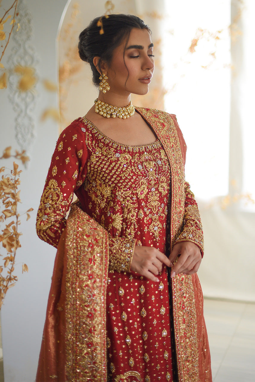 Red Zardozi Resham Kattan Bridal Lehenga (3-Piece) - Image 3
